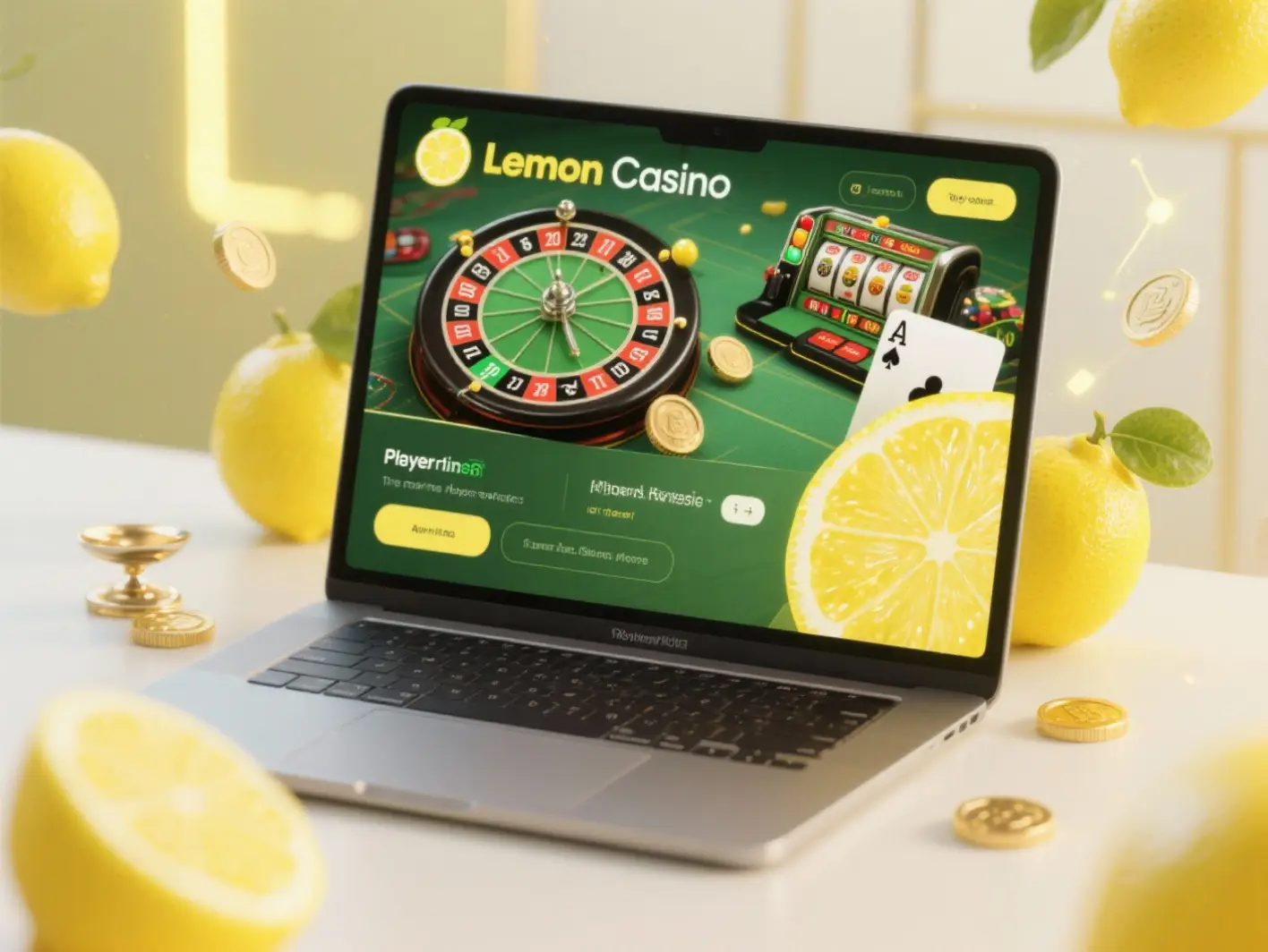 Laptop képernyőjén a Lemon Casino online felülete látható rulettkerékkel és nyerőgéppel, körülötte citromok és aranyérmék szimbolizálják az online kaszinó friss, modern hangulatát.