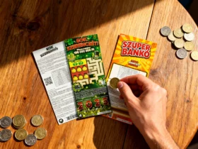 Szuper Bankó, Sok Szerencsét és Kaszinó sorsjegyek egy faasztalon, pénzérmékkel és kockákkal körülvéve, egy kéz épp kaparja az egyik sorsjegyet.